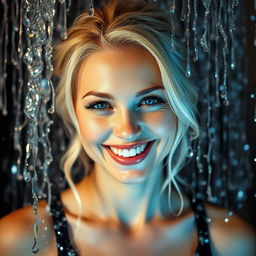 A blonde woman with striking features, smiling confidently amidst a creative and artistic setup that mimics a rain of water or glitter cascading around her