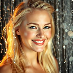 A blonde woman with striking features, smiling confidently amidst a creative and artistic setup that mimics a rain of water or glitter cascading around her