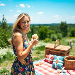 A beautiful Swedish woman enjoying ice cream on a sunny day