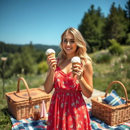 A beautiful Swedish woman enjoying ice cream on a sunny day