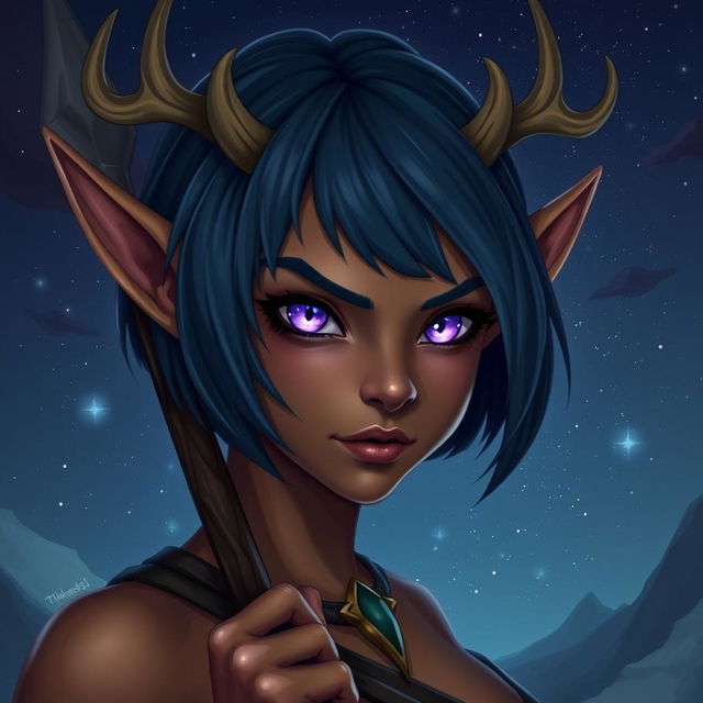 A fierce young female elf with bronze skin, styled as a druid with an indigo bob cut hairstyle