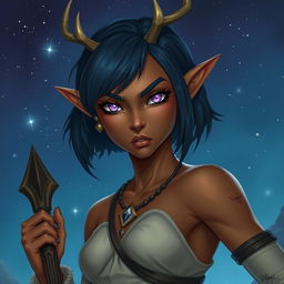 A fierce young female elf with bronze skin, styled as a druid with an indigo bob cut hairstyle