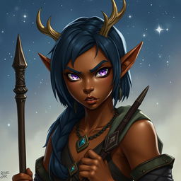 A fierce young female elf with bronze skin, styled as a druid with an indigo bob cut hairstyle