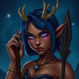 A fierce young female elf with bronze skin, styled as a druid with an indigo bob cut hairstyle