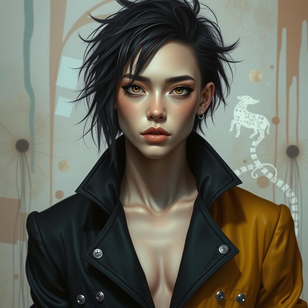 A captivating portrayal of an androgynous figure, combining traditionally feminine and masculine traits in a harmonious and intriguing way