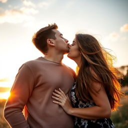 Romantic moment between a young couple sharing a tender lip kiss