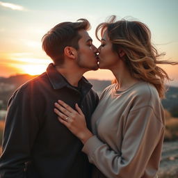 Romantic moment between a young couple sharing a tender lip kiss