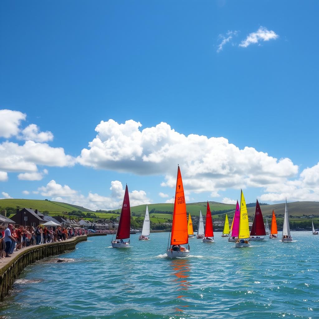 A vibrant scene of the Rathmullan Regatta, capturing colorful sailing boats gracefully navigating the emerald waters near the picturesque coastal town of Rathmullan