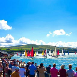 A vibrant scene of the Rathmullan Regatta, capturing colorful sailing boats gracefully navigating the emerald waters near the picturesque coastal town of Rathmullan