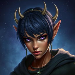 A realistic portrait of a fierce young female elf with light bronze skin, styled as a druid with an indigo bob cut hairstyle