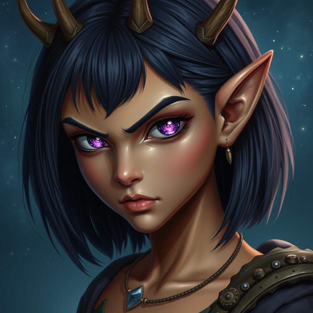 A realistic portrait of a fierce young female elf with light bronze skin, styled as a druid with an indigo bob cut hairstyle