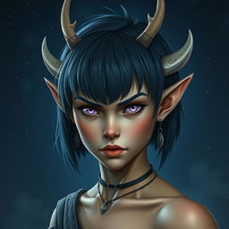 A realistic portrait of a fierce young female elf with light bronze skin, styled as a druid with an indigo bob cut hairstyle