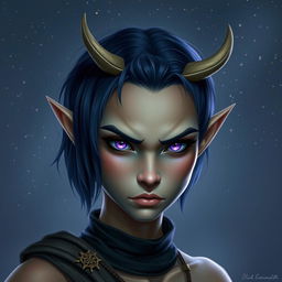 A realistic portrait of a fierce young female elf with light bronze skin, styled as a druid with an indigo bob cut hairstyle