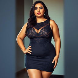 A voluptuous woman wearing an elegantly sexy dress, with an emphasis on her full figure and confidence