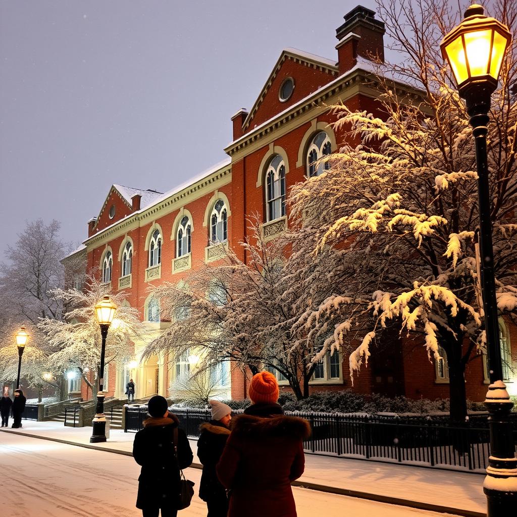 A picturesque scene of Temple Street Hospital covered in a blanket of snow