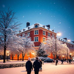 A picturesque scene of Temple Street Hospital covered in a blanket of snow