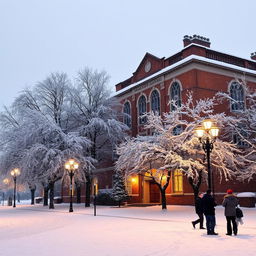 A picturesque scene of Temple Street Hospital covered in a blanket of snow