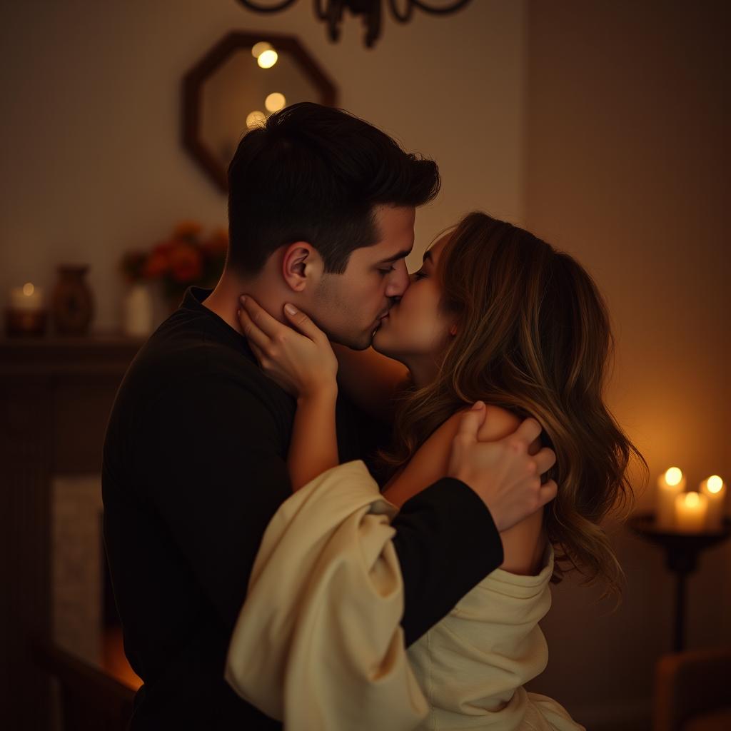 A passionate and intimate scene featuring a couple embraced in a loving kiss, with soft lighting and a warm, romantic atmosphere