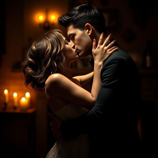 A passionate and intimate scene featuring a couple embraced in a loving kiss, with soft lighting and a warm, romantic atmosphere