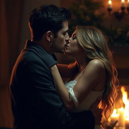 A passionate and intimate scene featuring a couple embraced in a loving kiss, with soft lighting and a warm, romantic atmosphere