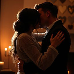 A passionate and intimate scene featuring a couple embraced in a loving kiss, with soft lighting and a warm, romantic atmosphere