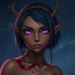 A digital art depiction of a fierce young female elf with bronze skin, embodying the essence of a druid