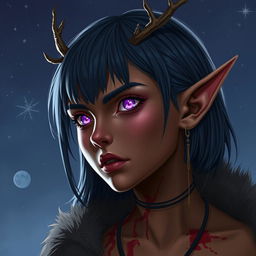 A digital art depiction of a fierce young female elf with bronze skin, embodying the essence of a druid