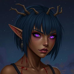 A digital art depiction of a fierce young female elf with bronze skin, embodying the essence of a druid