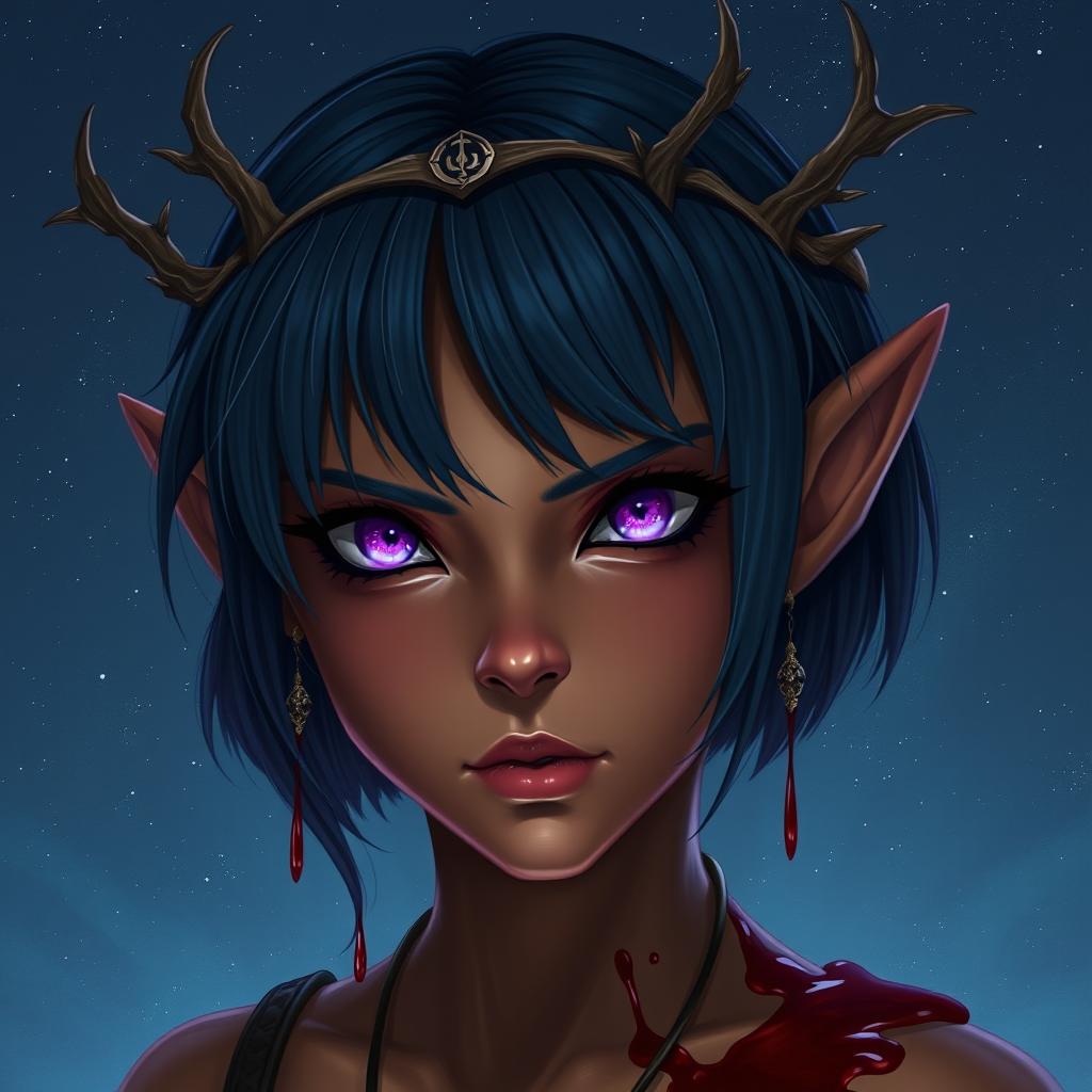 A digital art depiction of a fierce young female elf with bronze skin, embodying the essence of a druid