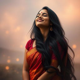 An Indian woman in a state of serene ecstasy, her long, dark hair cascading like a waterfall around her shoulders