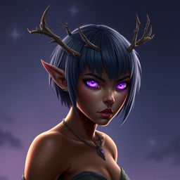 A digital art piece of a fierce young female elf with bronze skin, embodying both druid and vampire elements