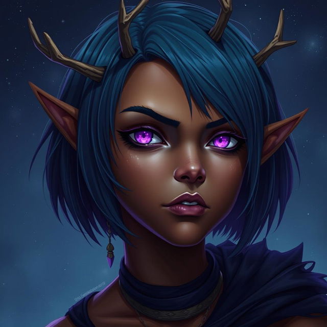 A digital art piece of a fierce young female elf with bronze skin, embodying both druid and vampire elements