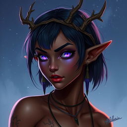 A digital art piece of a fierce young female elf with bronze skin, embodying both druid and vampire elements