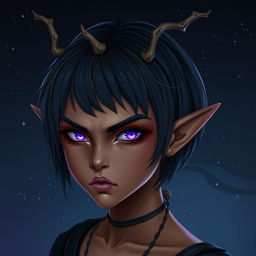 A digital art piece of a fierce young female elf with bronze skin, embodying both druid and vampire elements