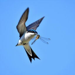 A house martin, a small bird with glossy blue-black plumage on its upperparts and white undersides, skillfully catching a dragonfly mid-flight