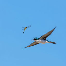 A house martin, a small bird with glossy blue-black plumage on its upperparts and white undersides, skillfully catching a dragonfly mid-flight