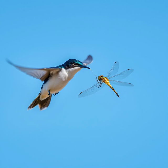 A house martin, a small bird with glossy blue-black plumage on its upperparts and white undersides, skillfully catching a dragonfly mid-flight