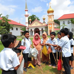 At a school, students Budi and Andi are discussing the places of worship around them