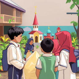 At a school, students Budi and Andi are discussing the places of worship around them