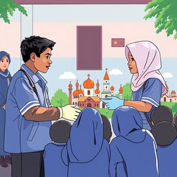 At a school, students Budi and Andi are discussing the places of worship around them