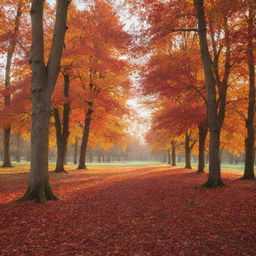 A serene landscape during autumn, with vibrant orange and red leaves falling from trees against a softly setting sun.