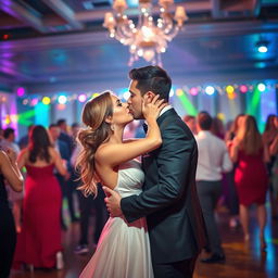 A passionate and romantic kiss between a couple on a lively dance floor, surrounded by colorful lights and people dancing