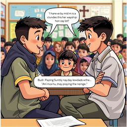 In a school setting, Budi and his friends are discussing the places of worship in their surroundings