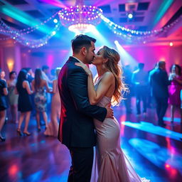 A passionate and romantic kiss between a couple on a lively dance floor, surrounded by colorful lights and people dancing