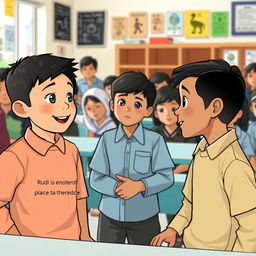 In a school setting, Budi and his friends are discussing the places of worship in their surroundings