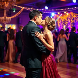 A passionate and romantic kiss between a couple on a lively dance floor, surrounded by colorful lights and people dancing