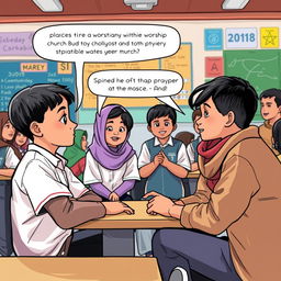 In a school setting, Budi and his friends are discussing the places of worship in their surroundings