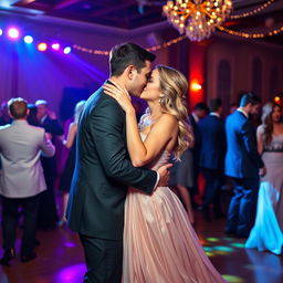 A passionate and romantic kiss between a couple on a lively dance floor, surrounded by colorful lights and people dancing