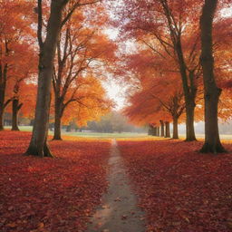 A serene landscape during autumn, with vibrant orange and red leaves falling from trees against a softly setting sun.