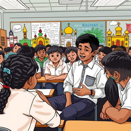 In a school setting, Budi and his friends are engaged in a discussion about the places of worship in their community